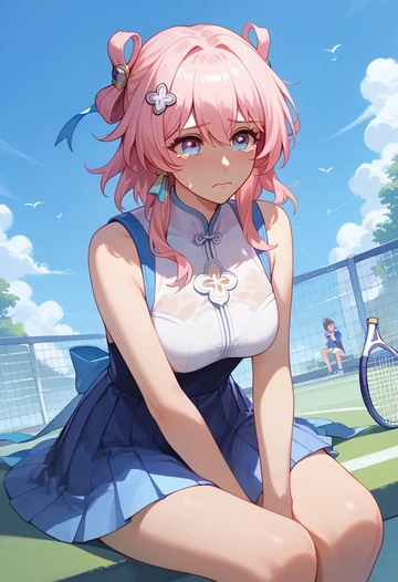 star rail,march 7th,tennis dress,visor,trainers  - AI generated anime art